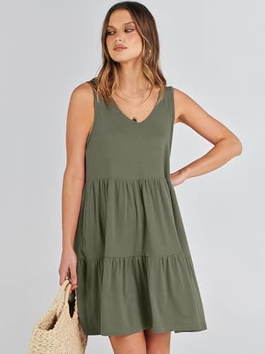 ANRABESS Womens Summer Casual Tank Dress Sleeveless V Neck T Shirt Sundress Flowy Tiered Swing Mini Beach Vacation Dresses Olive Green Medium - Image 2