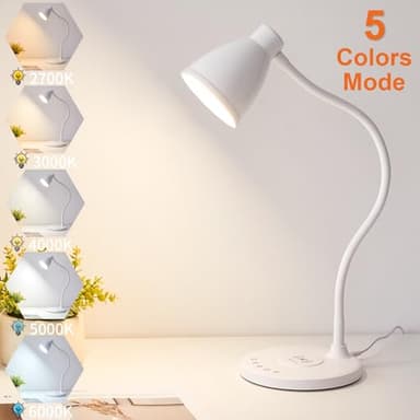BOHON Desk Lamp for Home Office, LED Desk Light with USB C+A Charging Ports, Wireless Charger, 5 Colors Stepless Dimming Reading Light Timer, Touch Bedside Table Lamp for College Dorm Room White - Image 4