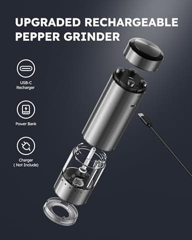 FORLIM Electric Salt and Pepper Grinder Set Rechargeable, Upgraded Washable, Automatic One-Handed Operation with LED, Adjustable Coarseness Pepper and Salt Grinder Refillable, Stainless Steel(Silver） - Image 6