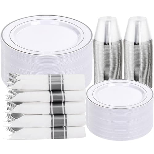 DaYammi 350PCS Silver Plastic Dinnerware Set for 50 Guests, Fancy Disposable Plates for Party, Include: 50 Dinner Plates, 50 Dessert Plates, 50 Pre Rolled Napkins with Silver Silverware, 50 Cups - Image 1