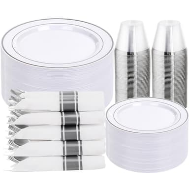 DaYammi 350PCS Silver Plastic Dinnerware Set for 50 Guests, Fancy Disposable Plates for Party, Include: 50 Dinner Plates, 50 Dessert Plates, 50 Pre Rolled Napkins with Silver Silverware, 50 Cups - Image 1