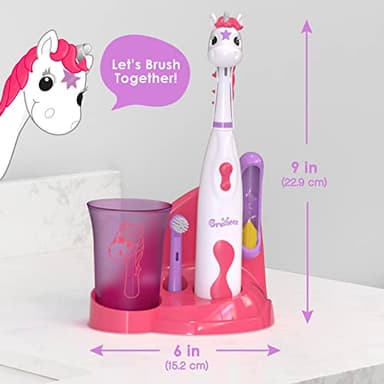 Brusheez Kids’ Electric Toothbrush Set - Safe & Effective for Ages 3+ - Parent Tested & Approved with Gentle Bristles, 2 Brush Heads, Rinse Cup, 2-Minute Timer, & Storage Base (Sparkle The Unicorn) - Image 6