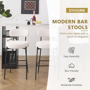 DYHOME Bar Stools Set of 3, White 28" Counter Height Bar Stools with Curved Back, Boucle Barstools with Metal Leg, Mid-Century Modern Bar Chairs for Kitchen Island, Dining Room - Image 6