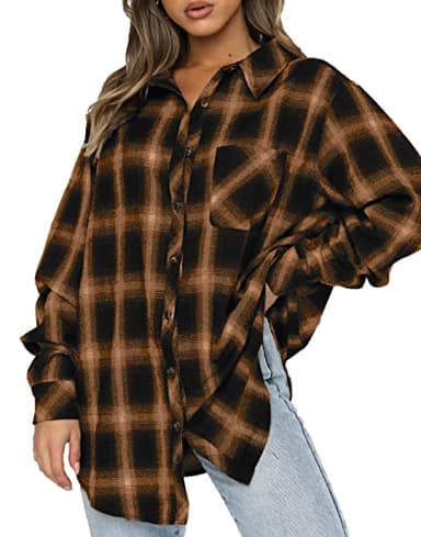 CHYRII Womens Button Down Flannel Shirts Long Sleeve Plaid Shacket Business Casual Tops Brown XXL - Image 1
