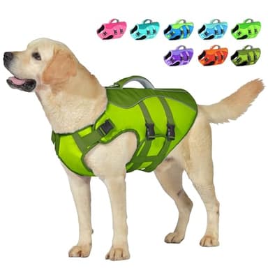 Petglad Dog Life Jacket, Reflective Dog Harness Life Vest with Rescue Handle for Swimming Boating, Adjustable High Buoyancy Flotation Swim Vest for Small Meium Large Dogs - Army Green, L - Image 1