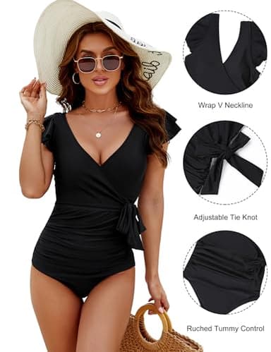 Blooming Jelly Women's Tummy Control Swimsuits Slimming One Piece Bathing Suit Modest Swimwear Ruffle Wrap V Neck Swimming Suit (Black,Medium) - Image 7