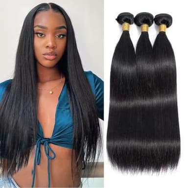 Straight Bundles Human Hair 16 16 16 Inch Brazilian Straight Hair Bundles 100% Unprocessed Virgin Hair Weave Bundle Human Hair Extensions for Women Trippy Hair Bundle Natural Color - Image 1