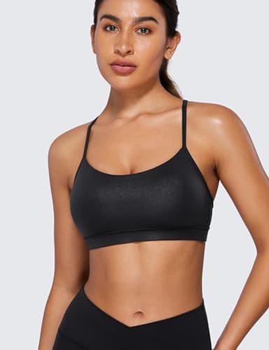CRZ YOGA Butterluxe Womens Y Back Sports Bra - Padded Racerback Low Impact Spaghetti Thin Strap Workout Yoga Top Faux Leather Black Large - Image 2