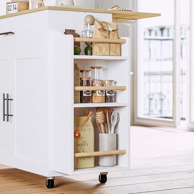 IRONCK Kitchen Island with Storage, Rolling Kitchen Island on Wheels with Drop Leaf, 3 Open Spice Rack Shelf, Door Cabinet, Drawer, Kitchen Cart Island Table for Kitchen, White - Image 6