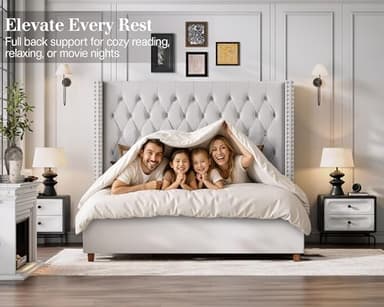 Jocisland King Size Bed Frame with 61.4" Tall Headboard, Velvet Upholstered Wingback Platform Design, Handcrafted Pleats& Deep Button Tufted, Solid Wood Legs, No Box Spring Needed, Cream - Image 4