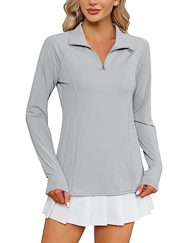LOMON Womens Workout Tops Long Sleeve 1/4 Zip Uv Sun Protection Quick Dry Hiking Athletic Shirts Rash Guard Upf50+（Grey,M） - Image 1