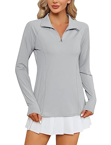 LOMON Womens Workout Tops Long Sleeve 1/4 Zip Uv Sun Protection Quick Dry Hiking Athletic Shirts Rash Guard Upf50+（Grey,M） - Image 1