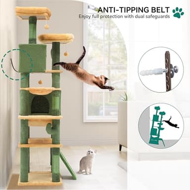 YITAHOME 76in Tall Cactus Cat Tree Tower with Self-Grooming Brush, Cute Cat Climbing Tower for Indoor Cats with Cat Condo, Plush Platform, Hammock, Sisal Scratching Posts, Dangling Ball - Image 4