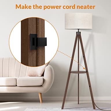 LEPOWER Mid Century Wood Standing Lamp, Modern Design Shelf Floor Lamp for Living Room, Bedroom, Office, Flaxen Shade with E26 Base, Perfect for Reading or Ambient Lighting Dark Brown - Image 5