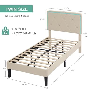 VECELO Upholstered Twin Bed Frame with Headboard Adjustable, Velvet Platform Bed with LED Lights, Charging Station, Mattress Foundation with Wooden Slats, Noise Free, No Box Spring Needed, Beige - Image 2