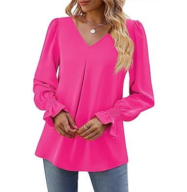 Funlingo Women Tops Dressy Causal Fashion Long Sleeve Chiffon Tunics Spring Loose Fit Work Blouse V Neck Office Shirt Clothing Rose Red XX-Large - Image 4