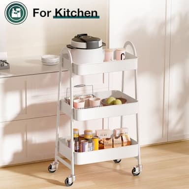 SMUG 3 Tier Rolling Cart - Metal Utility Carts on Lockable Caster Wheels, Mobile Storage Shelves Organizer for Livingroom, Bathroom, Kitchen, Bedroom & Narrow Places, White - Image 6