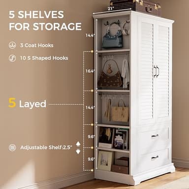 IRONCK Armoire Wardrobe Closet, 70.87" H Wooden Bedroom Armoire with 2 Louvered Doors, 2 Drawers and Shelves, Large Freestanding Clothing Storage Cabinet, White - Image 5