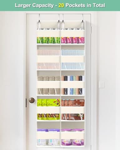 Heavy Duty Over The Door Organizer 5 Tiers, Extra Large Behind Door Storage of 10 Big Front & 10 Mesh Pockets, 80lb Weight Capacity, Doors Organizer Hanging for Closet Bathroom Bedroom Nursery, Beige - Image 4