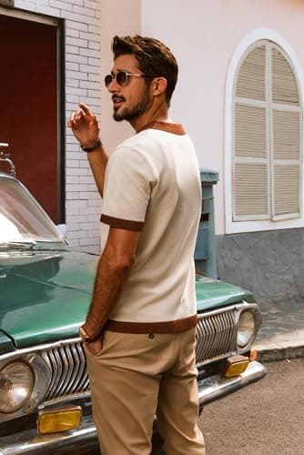 PJ PAUL JONES Mens Retro Polo Shirt Short Sleeve Button Up Knitted Italian Vintage 70s Shirts for Men Spring Summer Apricot M - Image 4