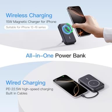 VTIAEK 2025 Latest Portable Charger, 16800mAh Magnetic Wireless Power Bank with 2 Built in Cables, LED Display Battery Pack Travel Essentials for iPhone 16/15/14/13/12/Pro/Mini/Pro Max Andriod - Image 3