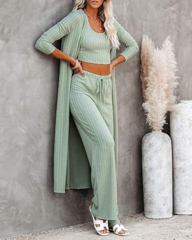 Fessceruna Womens 3 Piece Lounge Sets Pajamas Knit Long Sleeve Cardigan Crop Top Wide Leg Pants Loungewear Set - Image 4