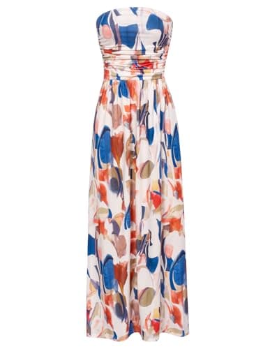 GRACE KARIN Women Strapless Casual Loose Ruched Long Maxi Dress with Pockets Blue Brown - Image 1