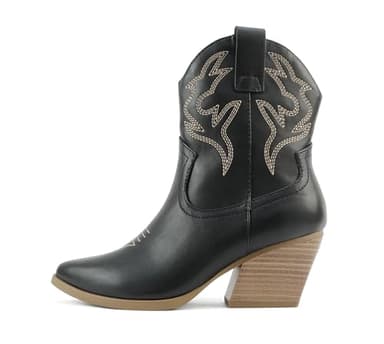 Soda “BLAZING” ~ Women Western Stitched Pointe Toe Low Heel High Top Ankle Shaft Boot Bootie (BLACK PU, us_footwear_size_system, adult, women, numeric, medium, numeric_7) - Image 1