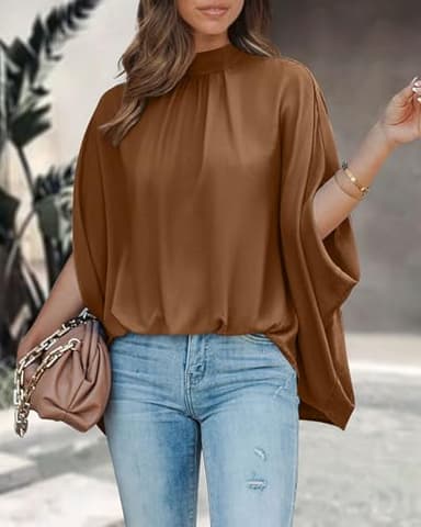 BTFBM Womens Summer Tops 2025 Fall Mock Neck Batwing Sleeve Shirts Loose High Low Hem Oversized Dressy Casual Blouses(Brown, X-Small) - Image 2