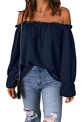 Spriolim Women's Off Shoulder Elegant Tops Casual Long Sleeve Chiffon Loose Shirt Blouses Navy Blue, X-Large - Image 1