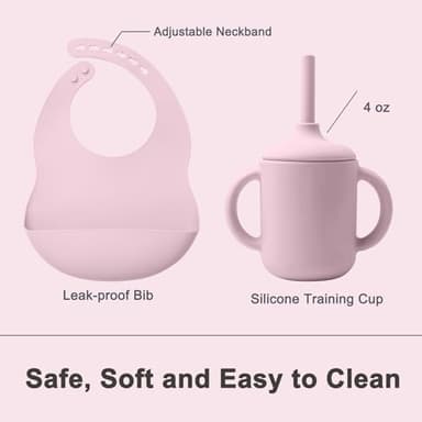 LITTLE RAWR Silicone Baby Feeding Set 14 Pcs,Baby Led Weaning Supplies, Baby Spoons Suction Bowl Divided Plate Bib Cup Finger Brush,First Stage Solid Food Eating Utensils - 6+ Months(Light Pink) - Image 4