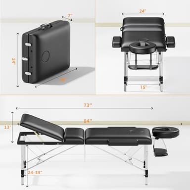 Massage Table Portable 84" Long 24" Wide Professional 3 Sections Reclining Massage Couch, Aluminum Adjustable Esthetician Bed Tattoo Table SPA Lash Salon Bed with Carrying Bag (Black) - Image 2