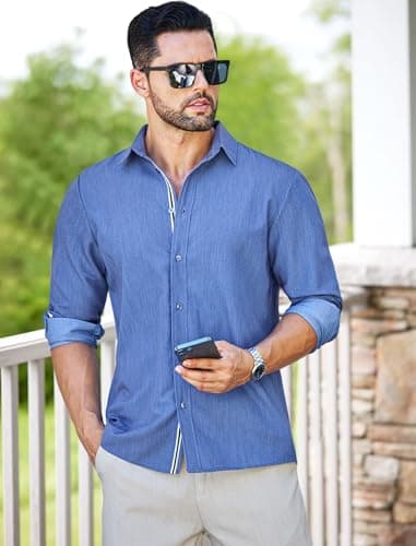 MAPICK Mens Denim Shirt Business Casual Long Sleeve Shirts Button Down Untucked Clothing(Blue,X-Large) - Image 4