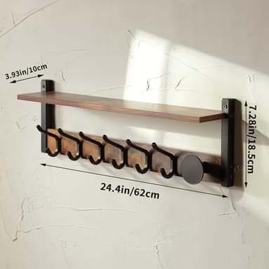 YIGII Wall Shelf with Hooks, Coat Rack Wall Mount with 7 Dual Metal Hooks, Wooden Floating Shelf Coat Hanger for Bedroom, Entryway, 24inch - Image 6