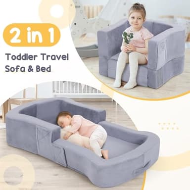 whiffee Toddler Travel Bed, 2-in-1 Foldable Portable Toddler Bed Sofa Chair, Soft Baby Kids Travel Floor Beds Cot with Washable Covers Safety Foam Raised Bumper for Camping Hotel Sleeping, Grey - Image 2
