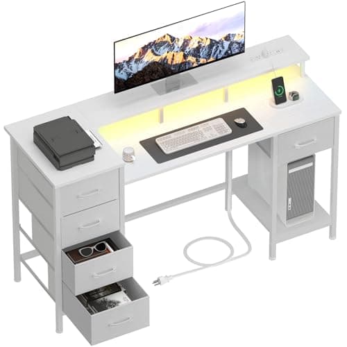 Korfile 47 Inch Computer Gaming Desk with Power Outlets & LED Lights Reversible Home Office Desk with Adjustable 5 Fabric Storage Drawers for Working Writing Study, White Oak - Image 1