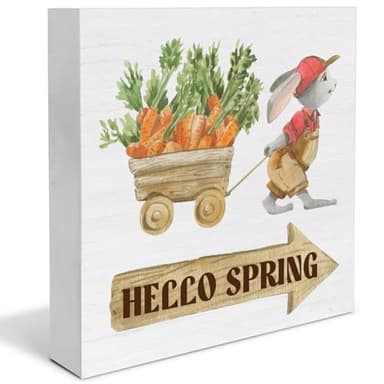 Spring Decor - Spring Sign Decorations Hello Spring Wood Block Plaque Sign Farmhouse Home Desk Table (5 x 5 Inches) - Image 1
