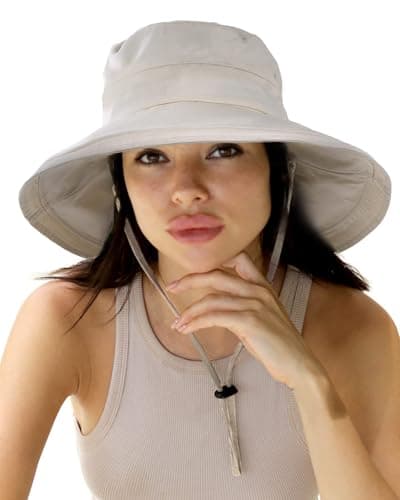 Sun Hats for Women Gardening Hat Wide Brim Ponytail Beach Sun Protection Breathable Cotton Summer Hat with Fold-Up Brim Beige - Image 1