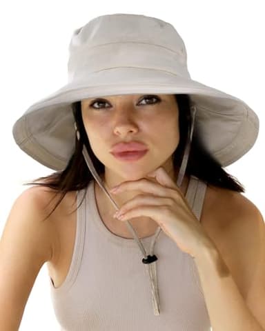 Sun Hats for Women Gardening Hat Wide Brim Ponytail Beach Sun Protection Breathable Cotton Summer Hat with Fold-Up Brim Beige - Image 1