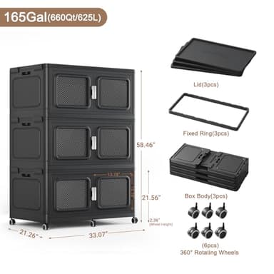 BROVIEW 165Gal Extra Large Storage Bins with Lids, 660Qt Plastic Stackable Storage Bins with Wheels, Collapsible Closet Organizer and Storage Drawers, Storage Cabinets for Home, Office, 3 Pack, Black - Image 2