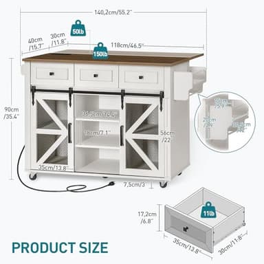 RALGEND Kitchen Island with Storage, 55" Kitchen Cart with Charging Station, Rolling Kitchen Island Table with Drop-Leaf, 3 Drawers, Barn Doors, Towel Rack and Spice Rack, White and Walnut - Image 2