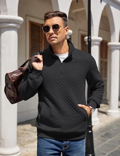 COOFANDY Mens Quarter Zip Pullover Quilted Sweatshirt Knit Long Sleeve Mock Neck Sweater Polo with Pocket A-black - Image 4