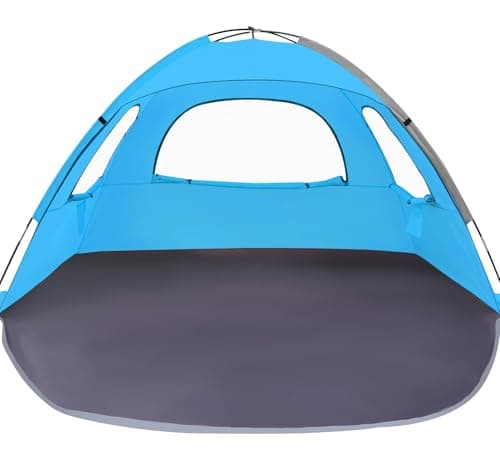 WhiteFang Beach Tent Anti-UV Portable Sun Shade Shelter for 4 Person, Extendable Floor with 3 Ventilating Mesh Windows Plus Carrying Bag, Stakes and Guy Lines (Blue) - Image 1