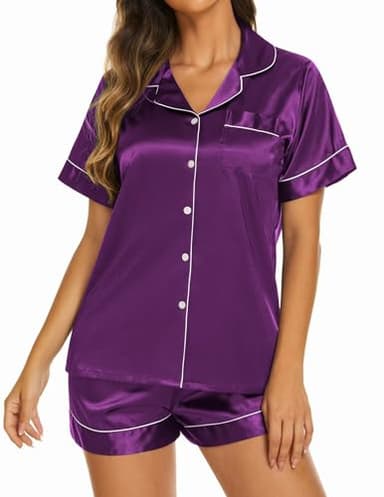 Ekouaer Pajama Sets for Women 2 Piece Summer Silk Pjs Button Down Nightshirt and Shorts Set Satin Sleepwear Loungewear,Purple,X-Large - Image 3