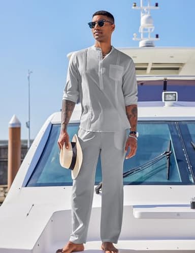 COOFANDY Men's 2 Piece Cotton Linen Sets Casual Long Sleeve Henley Shirts Yoga Pants Set Beach Cuban Outfits - Image 3