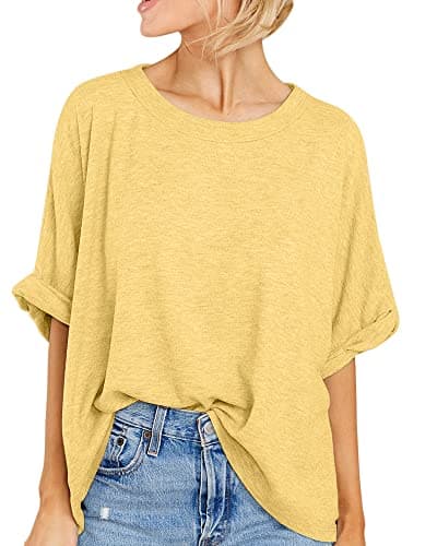 Women Oversized T-Shirt Summer Casual Short Sleeve Loose Tee Tops Yellow - Image 1