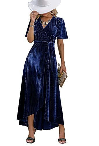 BerryGo Women's Formal Velvet Wrap Dress V Neck Cocktail Short Sleeve Swing Long Maxi Dress Navy L - Image 1