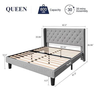 Allewie Queen Size Bed Frame with Button Tufted Wingback Headboard, Modern Upholstered Bed Frame with Solid Wooden Slats Support - No Box Spring Needed, Easy Assembly, Light Grey - Image 2