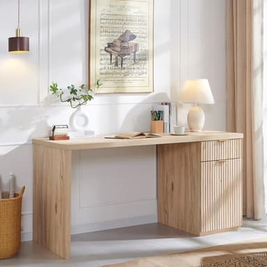 JXQTLINGMU 60" Modern Executive Desk with Storage, Wood Home Office Desk with Drawer & Cabinet, Fluted Computer Writing Desk for Study, Living Room, Bedroom, Oak - Image 3