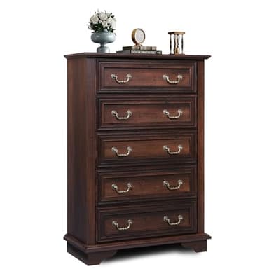 WLIVE Farmhouse Dresser for Bedroom, Tall Wood Dresser with 5 Drawer, Chest of Drawers with Roman Metal Handle for Living Room, Hallway, Closet, Brown - Image 1